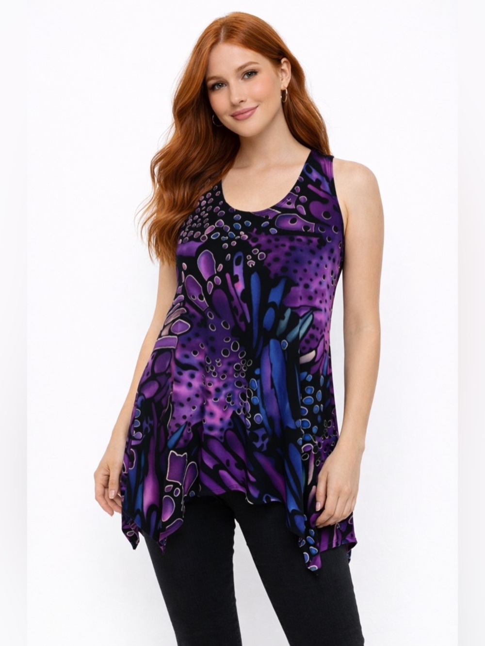 Jostar Y2K Purple Abstract Tunic Tank Top Asymmetrical Hem Artsy Travel Knit